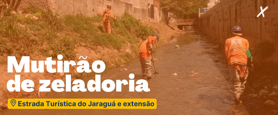 A imagem mostra trabalhadores realizando limpeza de córrego